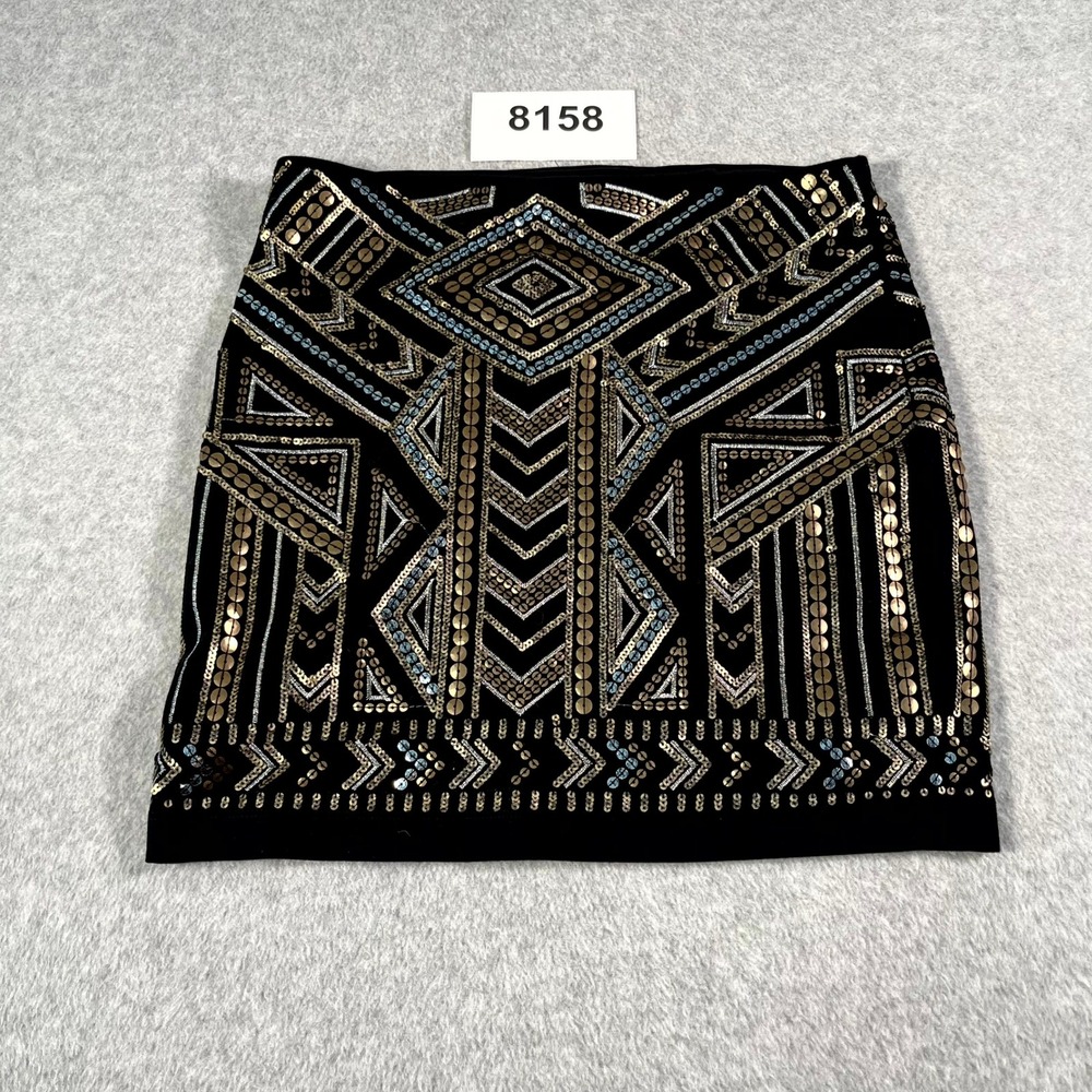 Express Straight Skirt Womens S Black Sequin Embellished Geometric Print Stretch